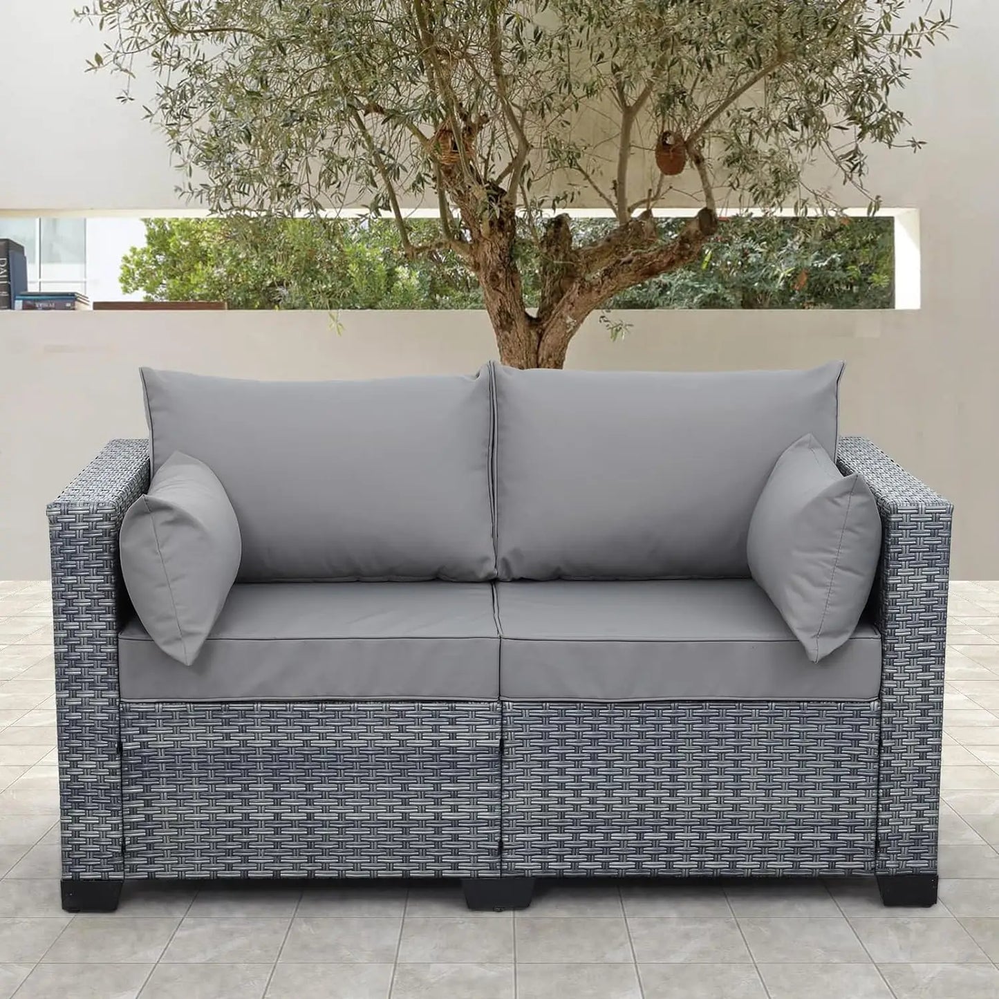 Outdoor Patio Loveseat Sofa, 2-Seater Small Couch, All Weather Wicker Love Seat Furniture with Grey Cushions