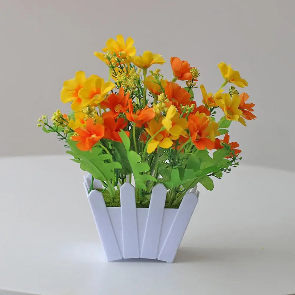 Artificial Bonsai Decorative Fake Flower Pot with Fence Plastic Anti-fade Simulation Bonsai Long-lasting Fake Marguerite Flower