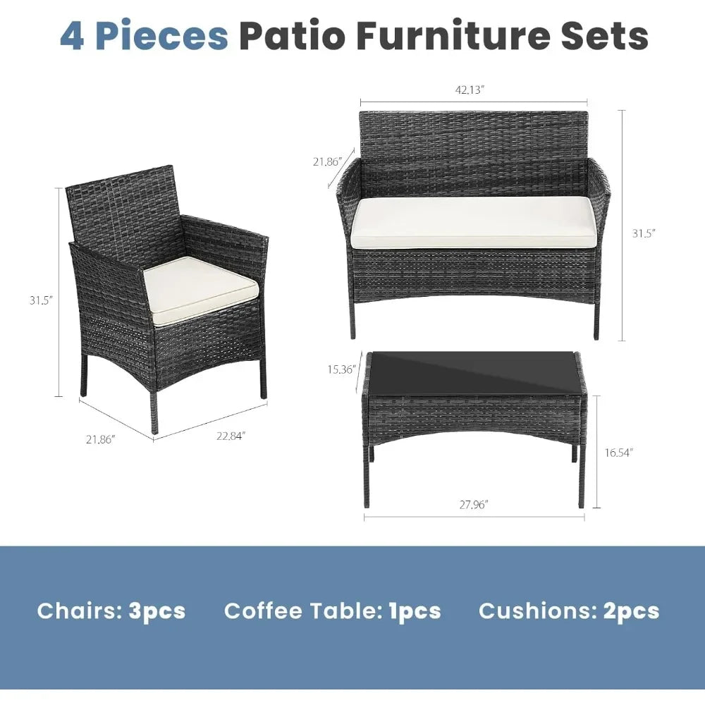 Patio Furniture Set 4 Pieces, Outdoor Wicker Furniture with Coffee Table