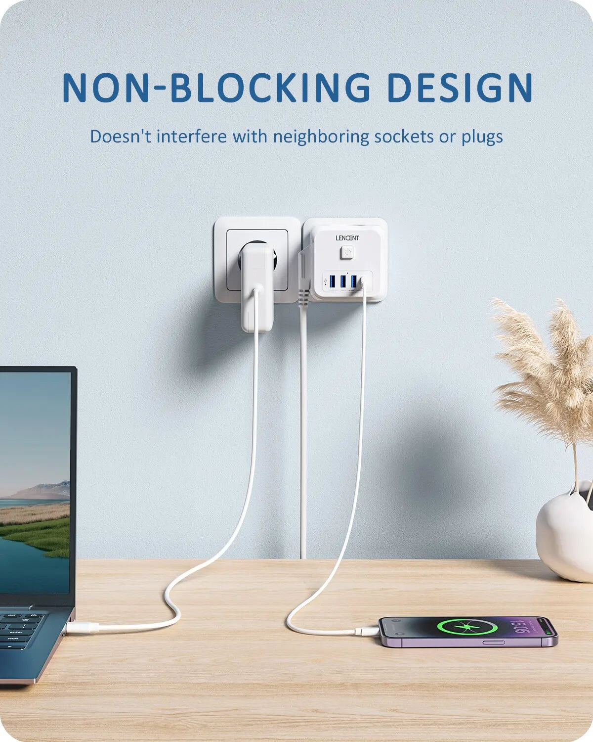 Wall Socket Extender with 3 AC Outlets 3 USB Ports And1 Type C 7-in-1 EU Plug Charger