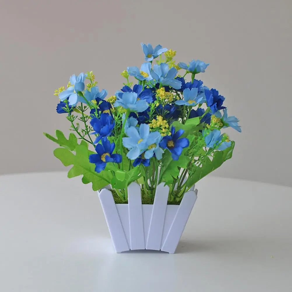 Artificial Bonsai Decorative Fake Flower Pot with Fence Plastic Anti-fade Simulation Bonsai Long-lasting Fake Marguerite Flower