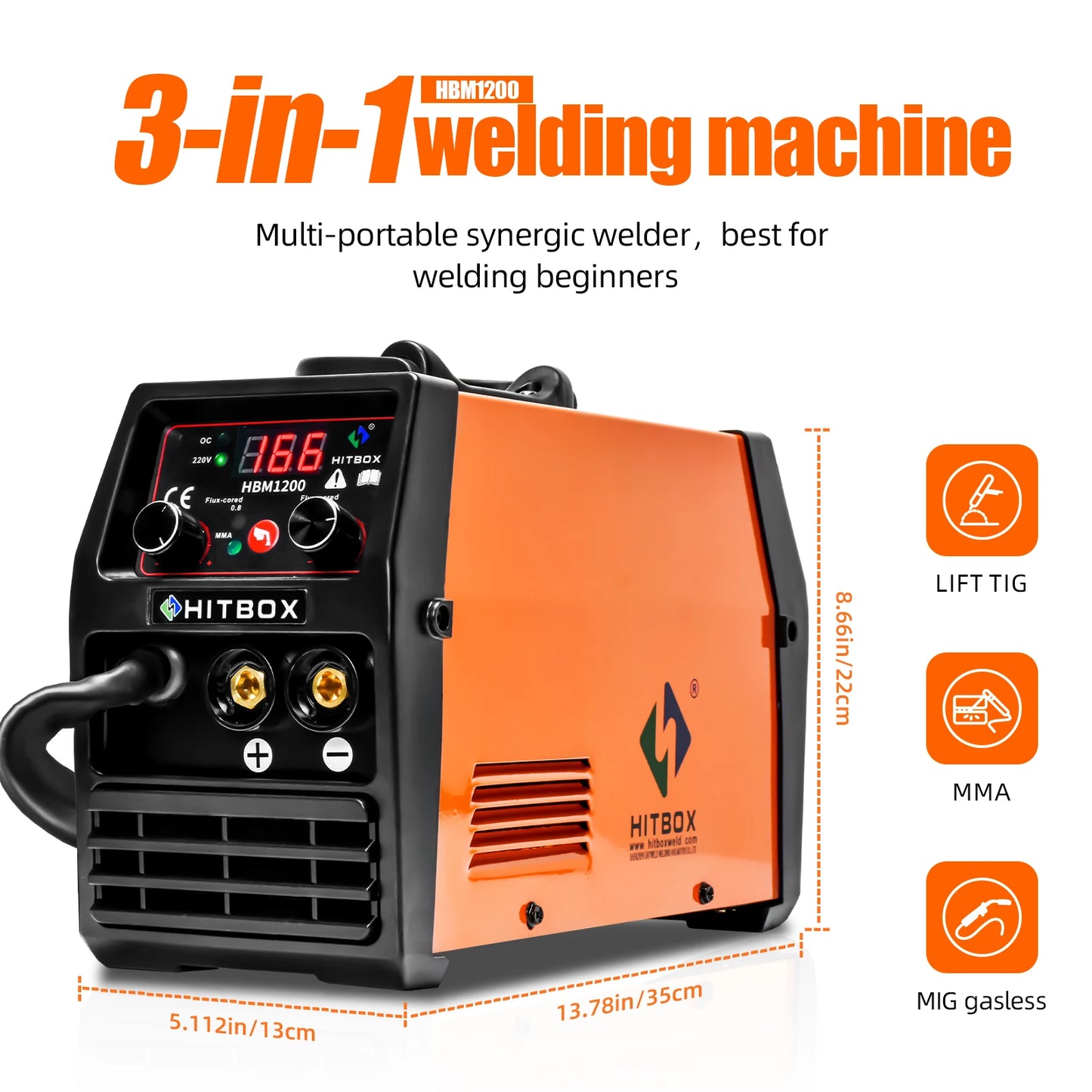 HITBOX Mig Welding Machine Synergy HBM1200 Semi-Automatic 3 in 1 Inverter Tig Argon Arc MIG Gas-Less Soldering Welder 110V 220V