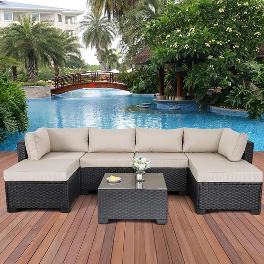 7 Pieces Outdoor PE Wicker Furniture Set Patio Sofa Set with Khaki Cushions and Glass Top Table