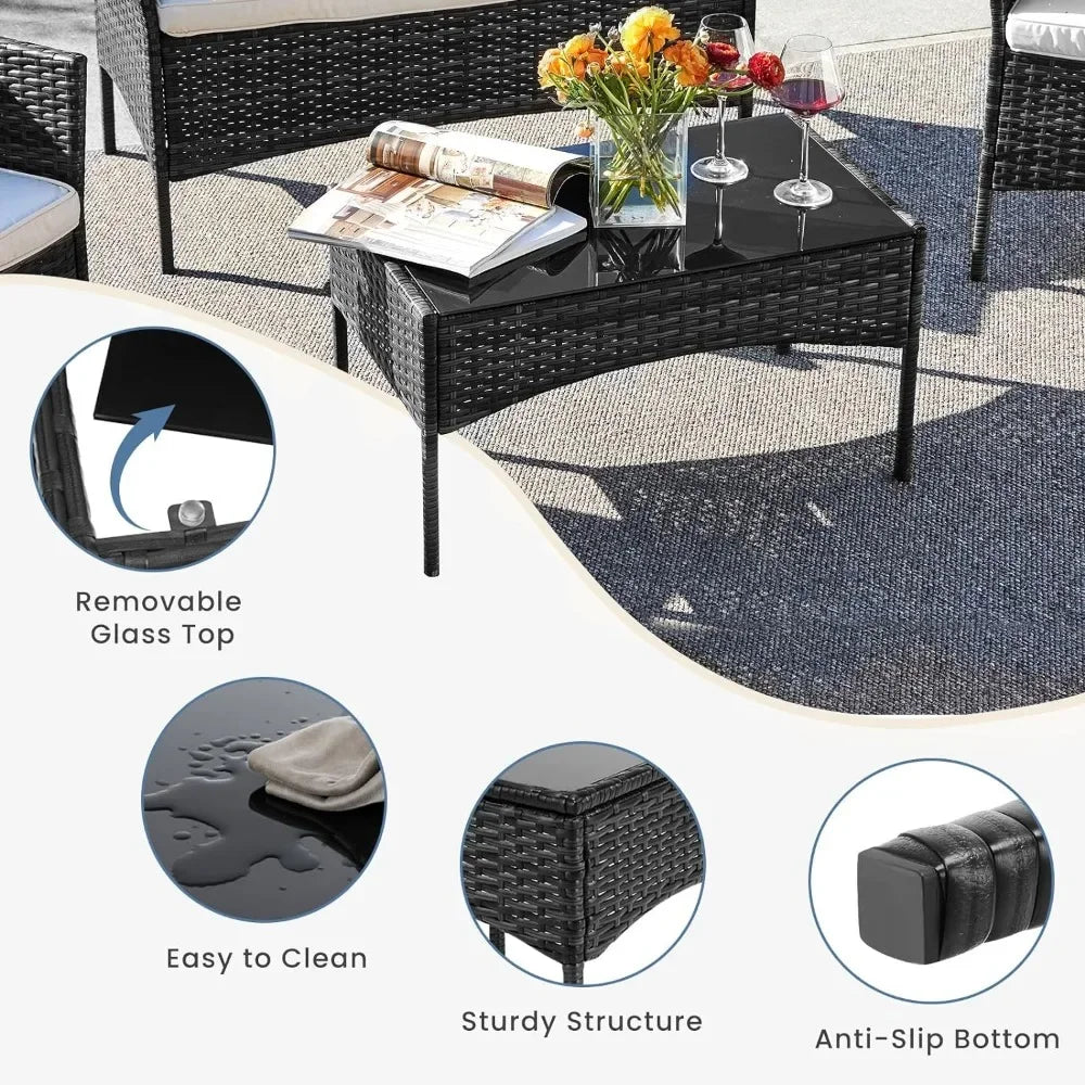 Patio Furniture Set 4 Pieces, Outdoor Wicker Furniture with Coffee Table