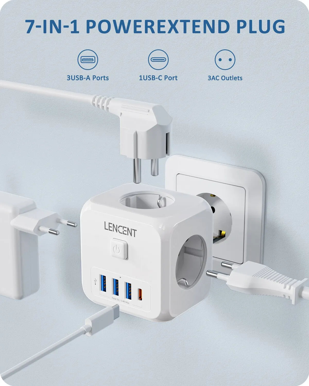 Wall Socket Extender with 3 AC Outlets 3 USB Ports And1 Type C 7-in-1 EU Plug Charger