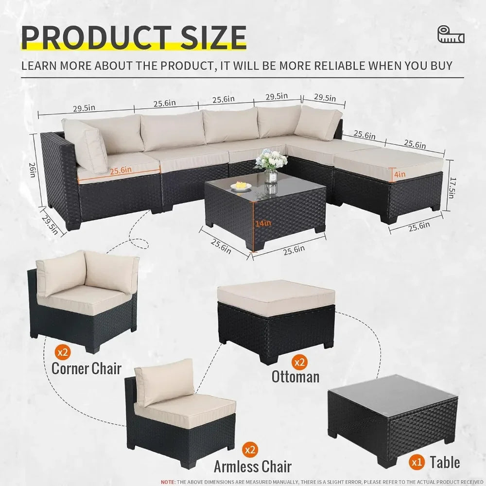 7 Pieces Outdoor PE Wicker Furniture Set Patio Sofa Set with Khaki Cushions and Glass Top Table